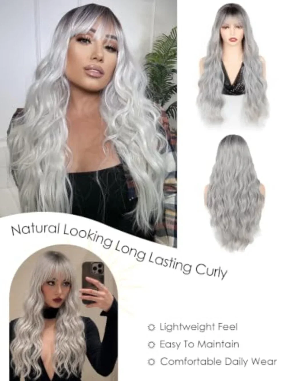 Silver Grey Wavy Wig with Bangs for Women Long 26 Inch Synthetic Heat Resistant